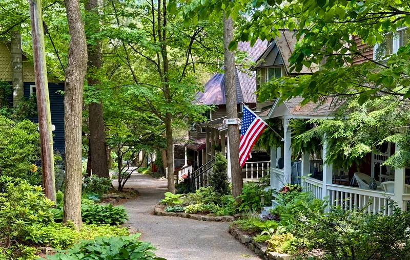 An American flag on the porch of a house along a leafy lane