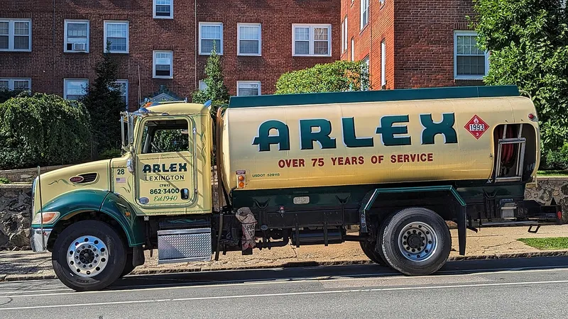 A heating oil delivery truck parked on a street in Arlington, Massachusetts